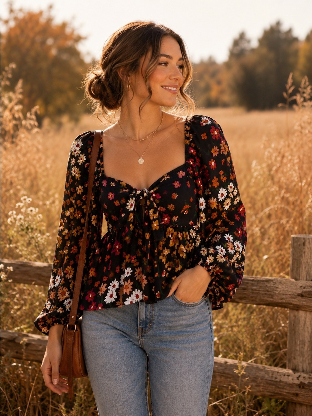 Patrons of Peace Floral Tie Front Peplum Blouse XS Balloon Sleeve Boho Fall